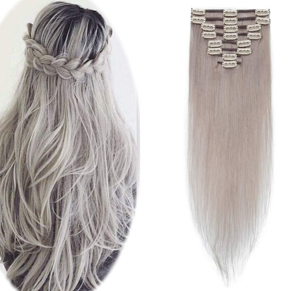 Clip in Hair Extensions Human Hair 10Inch Gray 8 Pcs Thin Weft Short